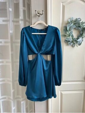 Teal Satin Long Sleeve Cutout Dress